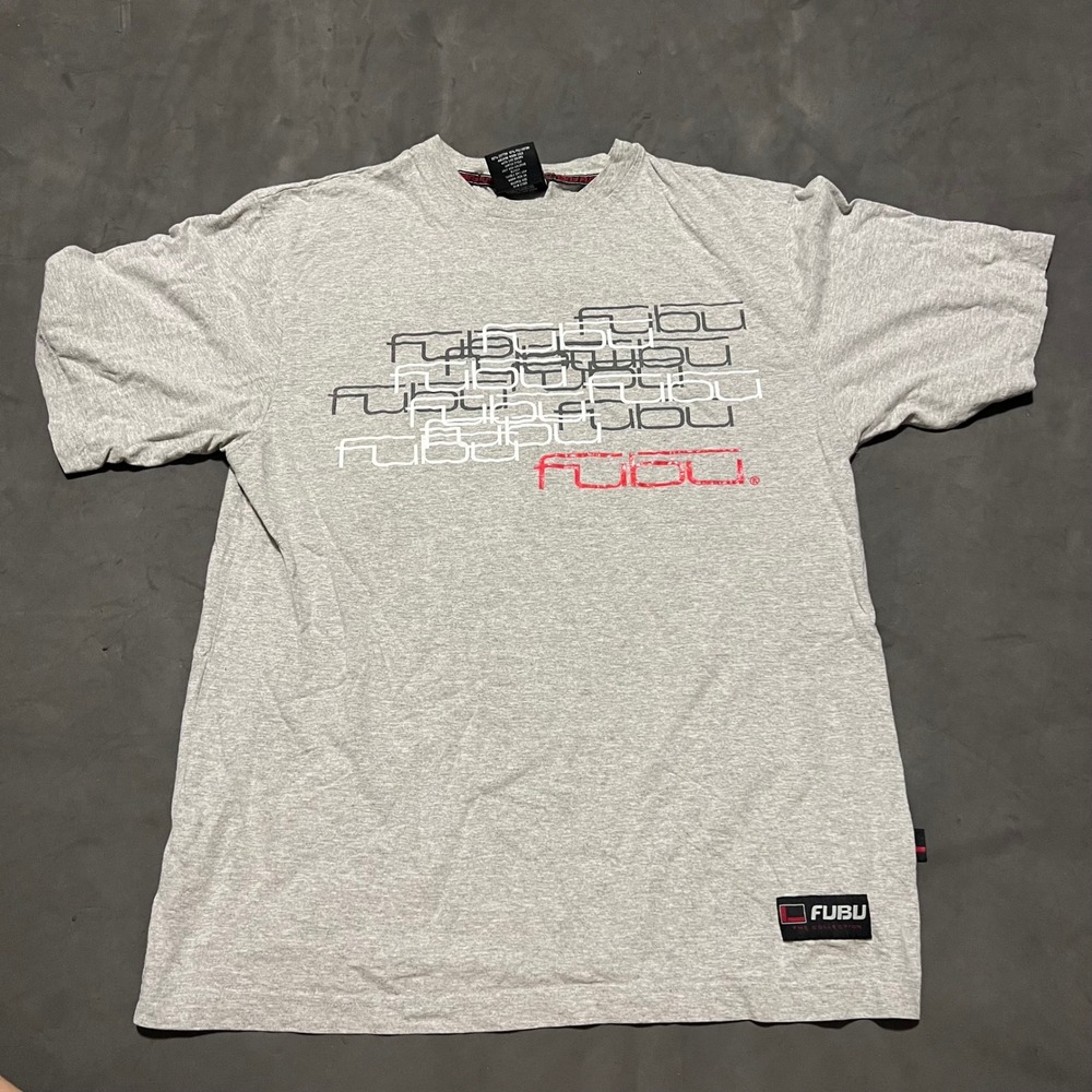 Vintage FUBU T-Shirt Mens Large Gray Graphic Print Y2K Hip Hop Streetwear